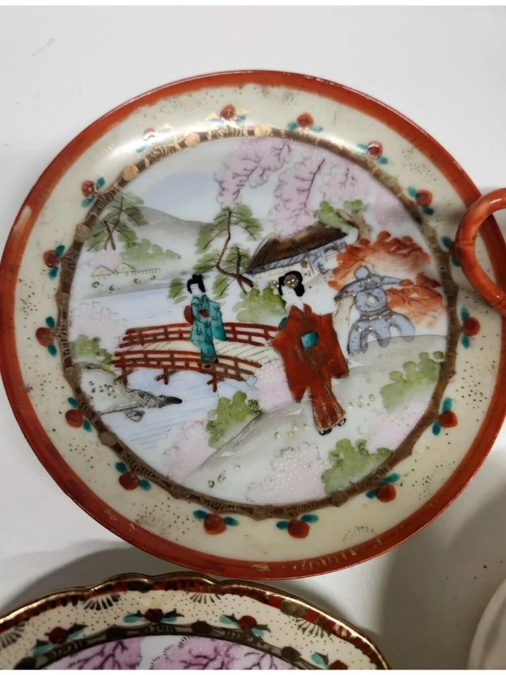 Japanese Moriage Porcelain Teacup & Plate Set Hand Painted Gorgeous Gold Gilt Vi